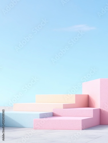 Pastel platform stages under a clear sky, ideal for product placement or minimalistic backgrounds
