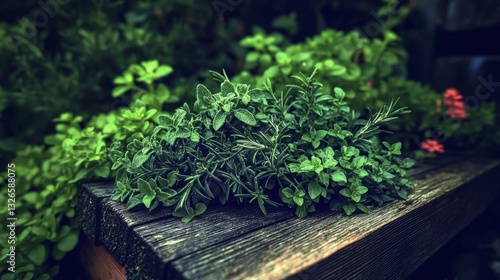 Fresh Rosemary  Thyme  Oregano Herbs on Rustic Wood