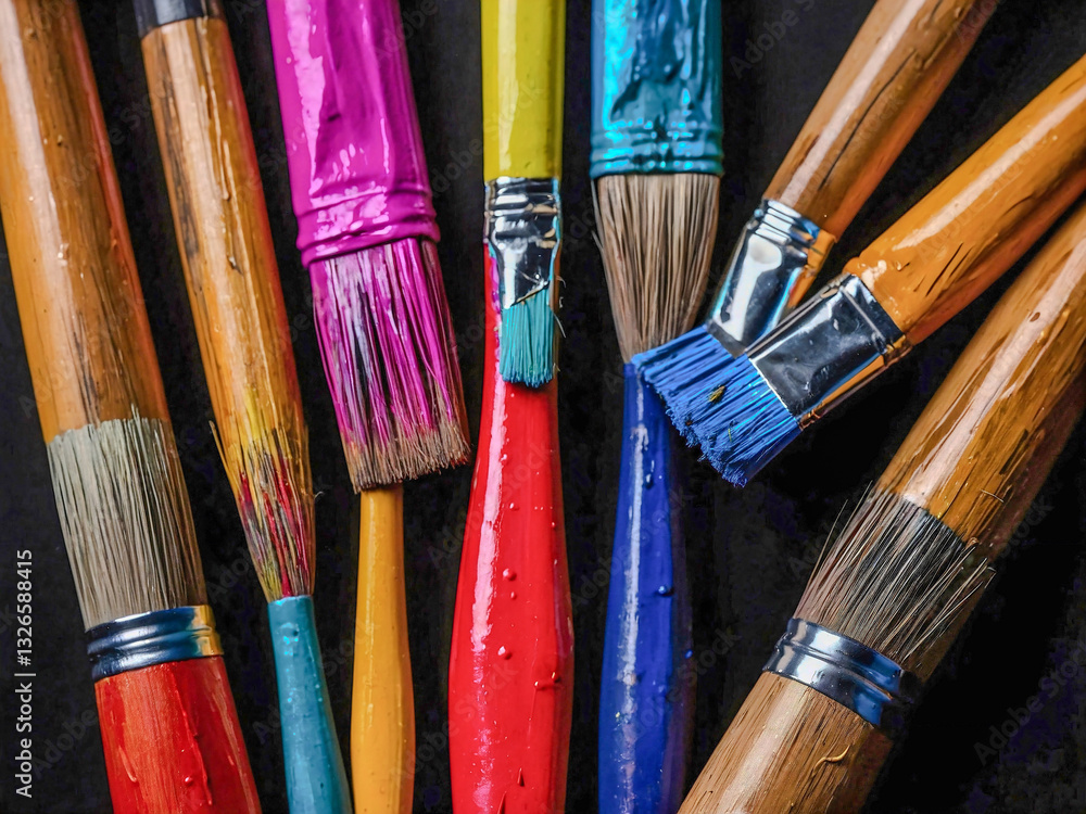 Fototapeta premium Colorful paintbrushes arranged on a black background.