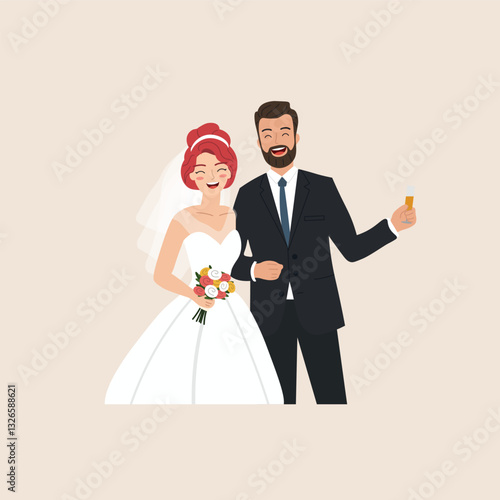 a couple getting married. the bride carrying a bouquet of flowers. a romantic and loving couple. flat character illustration.
