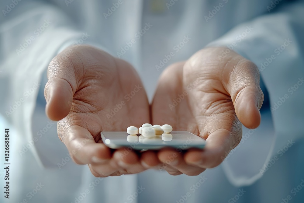 Professional close up of a doctor in white coat holding tablet with blurred background focus Professional close up of a doctor in white coat holding tablet with blurred background focus