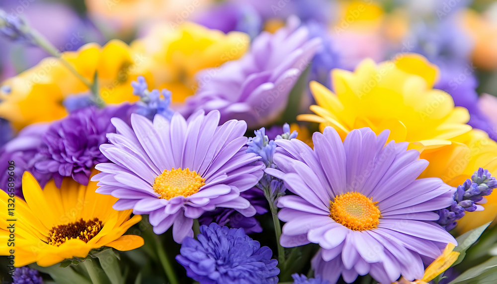 Vibrant bouquet of purple, yellow, and lavender flowers Vibrant bouquet of purple, yellow, and lavender flowers