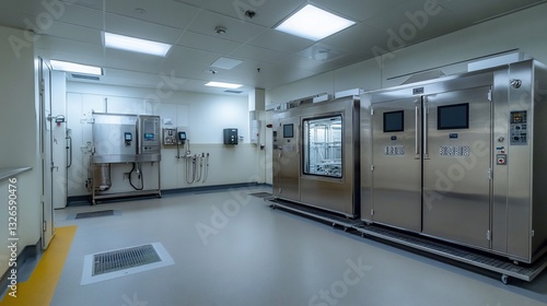 Cleanroom laboratory featuring stainless steel equipment and controlled environment chamber