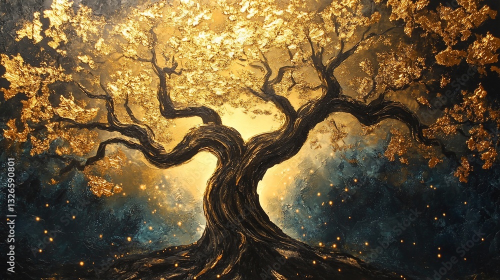 Obraz premium Golden tree with textured leaves and glowing lights on a dark textured background