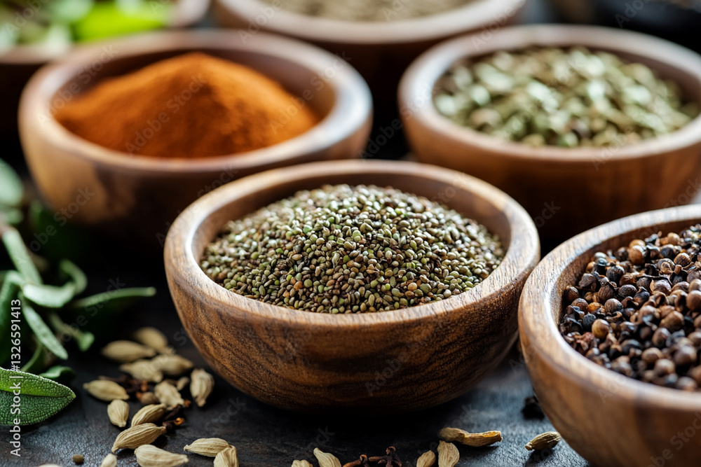 Aromatic seeds of spices in wooden bowls Aromatic seeds of spices in wooden bowls