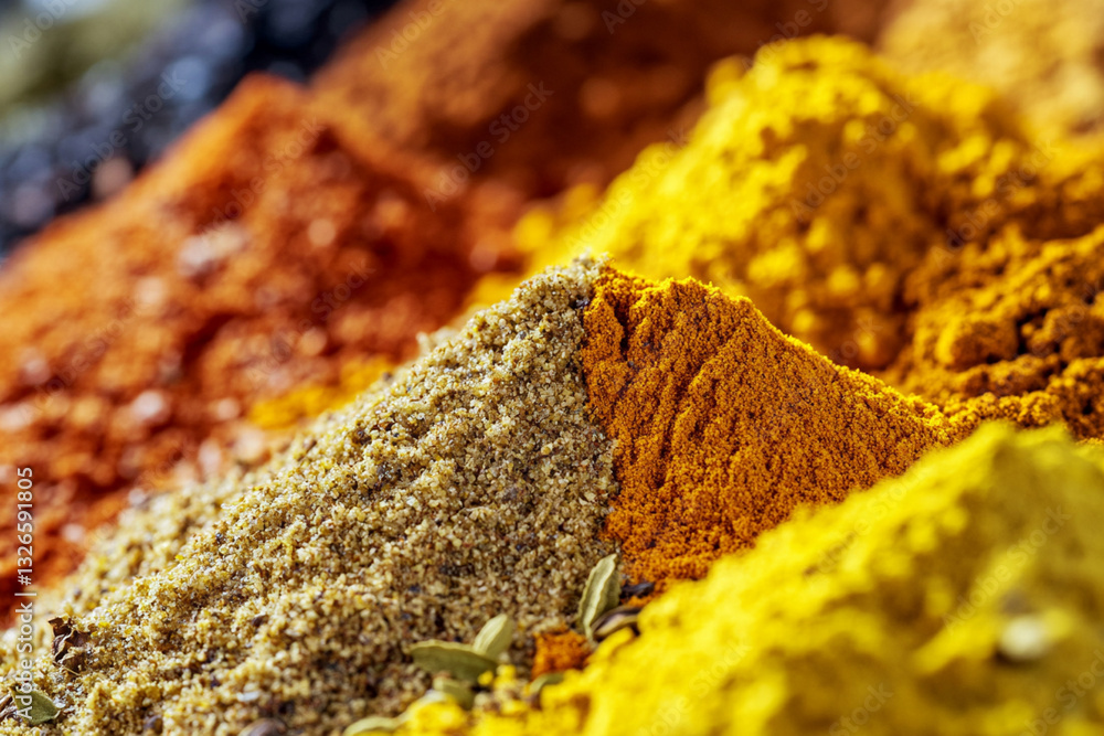 Close-up of ground spices with contrasting colors Close-up of ground spices with contrasting colors