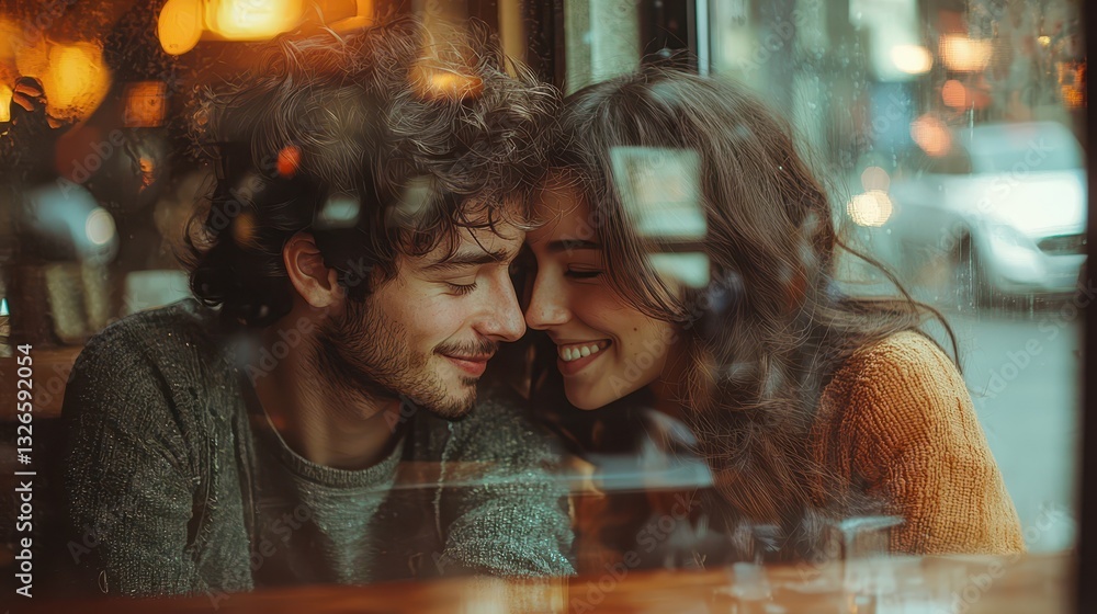 Fototapeta premium Inside a warm cafe, a couple leans closely together, sharing smiles and laughter. Soft lighting and reflections create an intimate atmosphere as they enjoy their connection