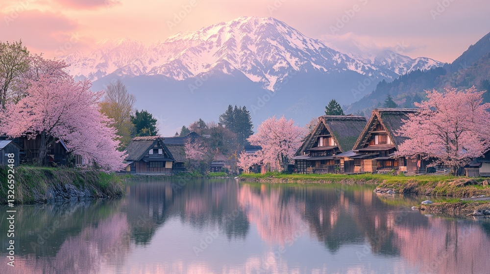 Fototapeta premium old traditional shirakawago japanese village with pink blooming cherry blossom trees at Mount Fuji countryside of Japan. 