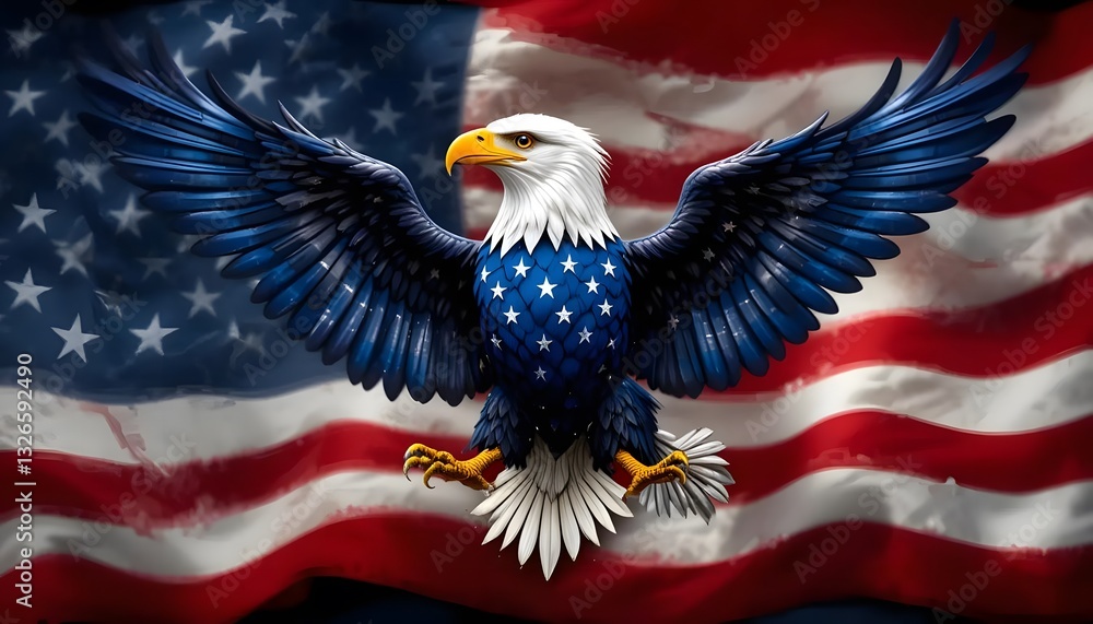 Fototapeta premium A majestic bald eagle with an intense gaze set against an American flag background, representing strength, freedom, and national pride