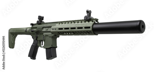 Wallpaper Mural A tactical green pneumatic carbine with a black suppressor and adjustable stock, isolated on a white background, designed for shooting sports and hobbyists. Torontodigital.ca