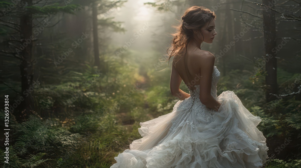 A bride stands gracefully in a lush forest, wearing a delicate wedding gown. Soft mist envelops the scene, creating a magical atmosphere among the trees