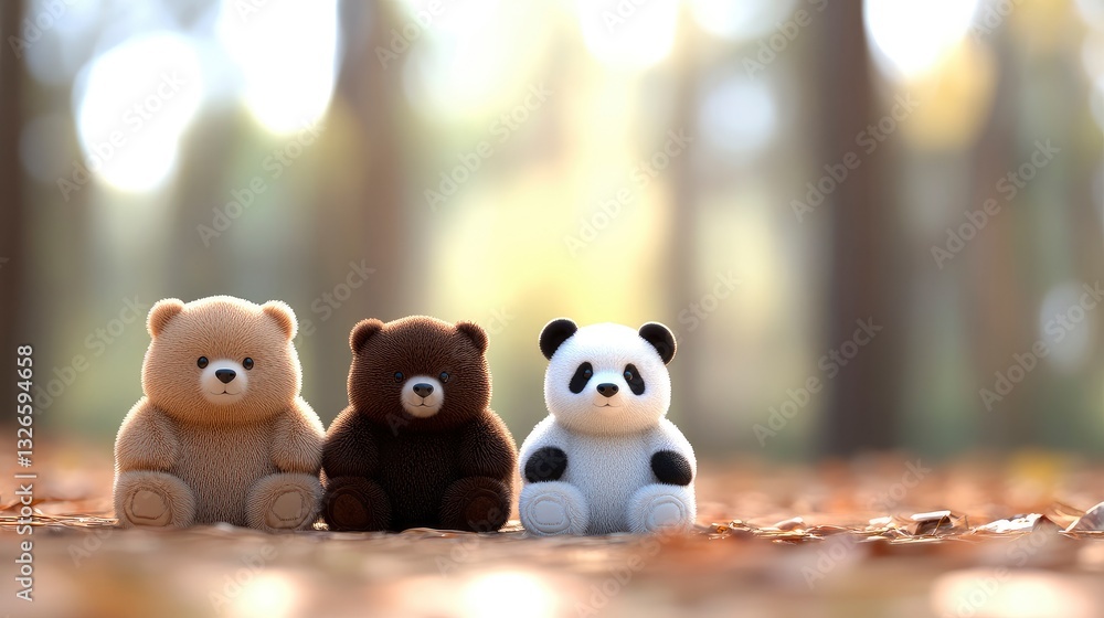 Three adorable plush toy bears (brown, tan, panda) sitting together in autumn forest. Three adorable plush toy bears (brown, tan, panda) sitting together in autumn forest.