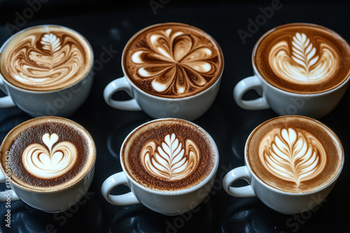 Four coffee cups with unique designs sit on a table.