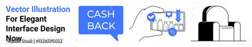 Cashback speech bubble, hand interacting with science lab equipment, and modern minimalistic architecture objects. Ideal for finance, science, architecture, e-commerce, app design, tech and flat