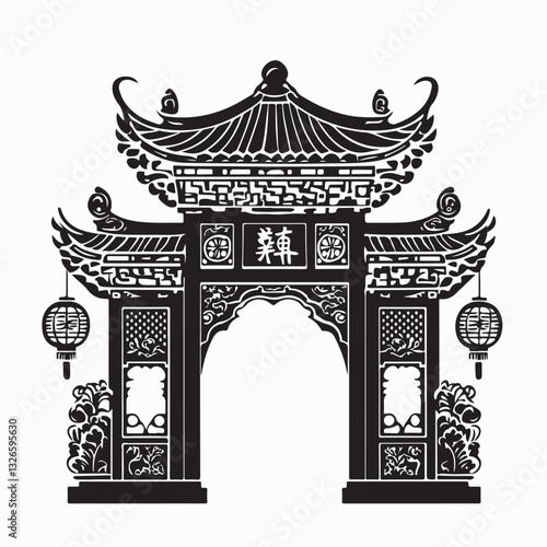 Chinese New Year Gate Celebrating Spring Festival with Lanterns image vector.
