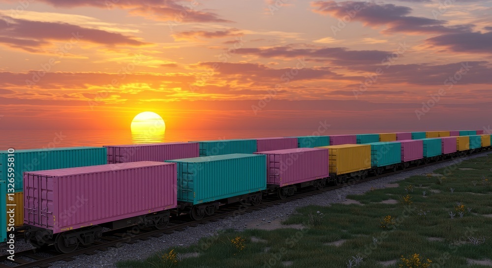 Fototapeta premium Colorful Cargo Train at Sunset - A vibrant 3D illustration of a cargo train carrying colorful shipping containers against a breathtaking sunset, symbolizing global trade, transportation, logistics