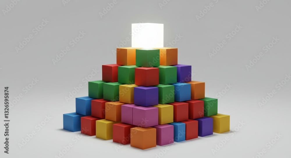 Obraz premium Colorful Cubes Pyramid Illumination - A pyramid of colorful blocks symbolizes growth, achievement, teamwork, innovation, and success. The glowing top cube represents the pinnacle of accomplishment