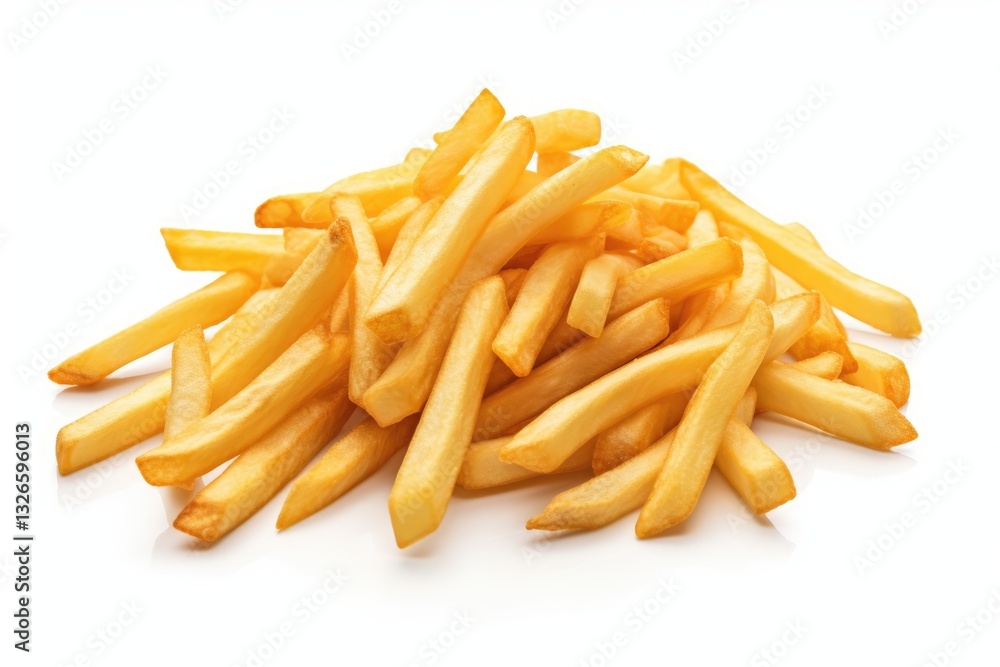 A photograph of golden, crispy French fries placed on a pristine white background. Suitable for food lovers A photograph of golden, crispy French fries placed on a pristine white background. Suitable for food lovers