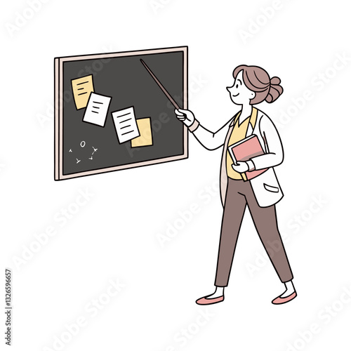 Female Teacher Pointing at Blackboard with Pointer Stick and Copy Space Vector Clipart Isolated Illustration