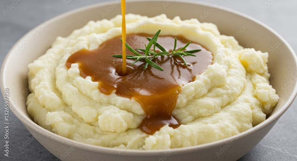 Creamy Mashed Potatoes with Savory Gravy - Comfort food perfection! Fluffy mashed potatoes, rich gravy, and fresh rosemary create a heartwarming and delicious meal. Symbolism: comfort, warmth Creamy Mashed Potatoes with Savory Gravy - Comfort food perfection! Fluffy mashed potatoes, rich gravy, and fresh rosemary create a heartwarming and delicious meal. Symbolism: comfort, warmth