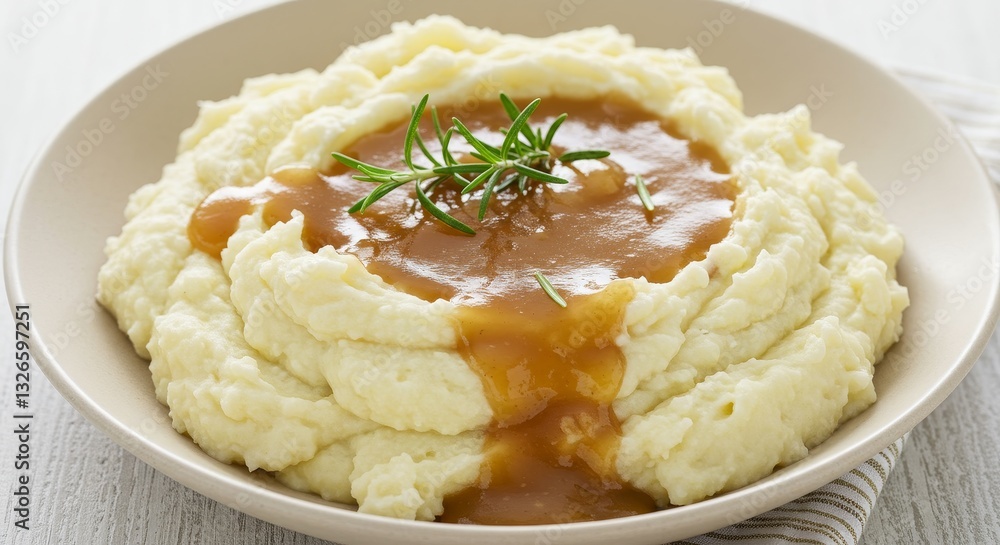 Creamy Mashed Potatoes with Savory Gravy - Delicious fluffy mashed potatoes topped with rich brown gravy and a sprig of rosemary. Perfect comfort food Creamy Mashed Potatoes with Savory Gravy - Delicious fluffy mashed potatoes topped with rich brown gravy and a sprig of rosemary. Perfect comfort food