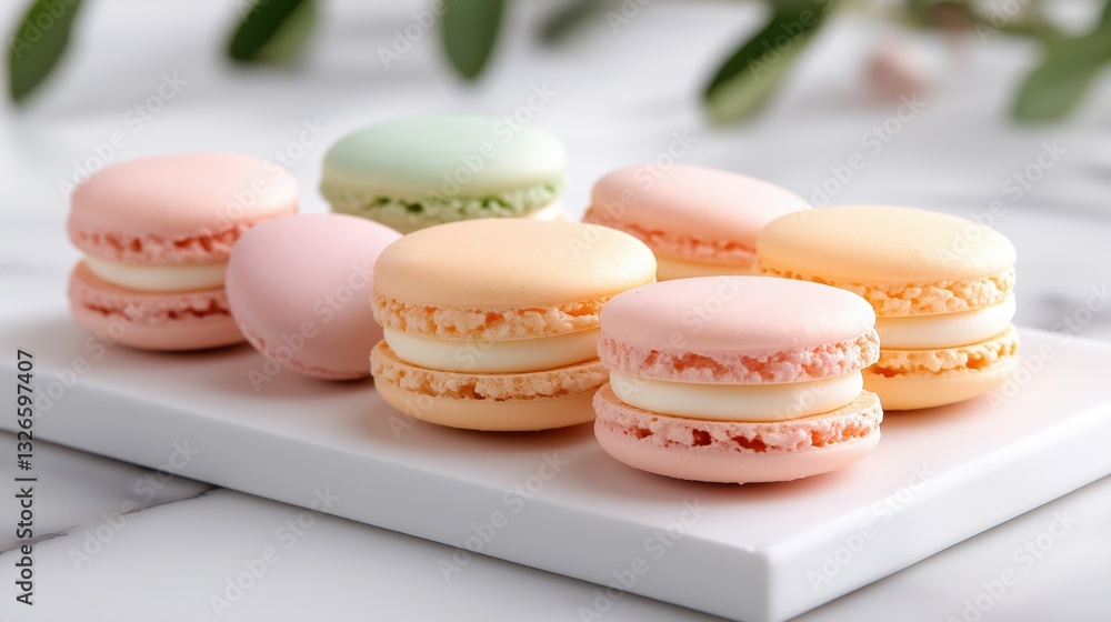 Fototapeta premium Artisanal macarons in delicate pastel shades arranged elegantly on a white porcelain plate with soft lighting