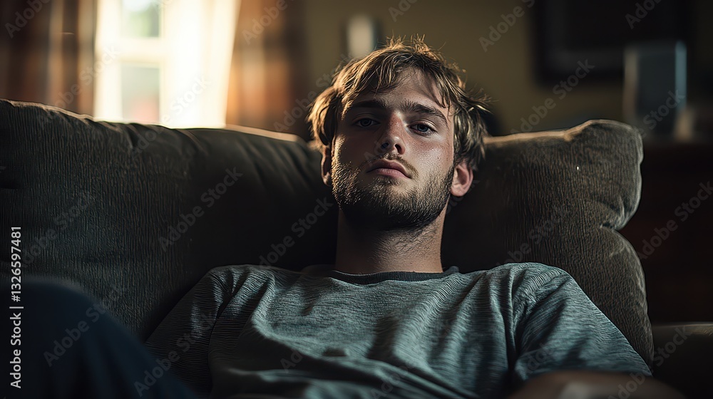 Fototapeta premium A young man relaxes on a couch in a dimly lit living room, appearing introspective and lost in thought. Soft light filters through the window, enhancing the peaceful atmosphere