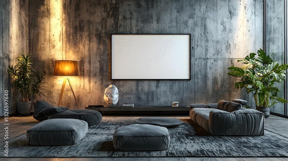 A square blank frame in a contemporary living room with a concrete feature wall, modern lighting, and abstract sculptures A square blank frame in a contemporary living room with a concrete feature wall, modern lighting, and abstract sculptures