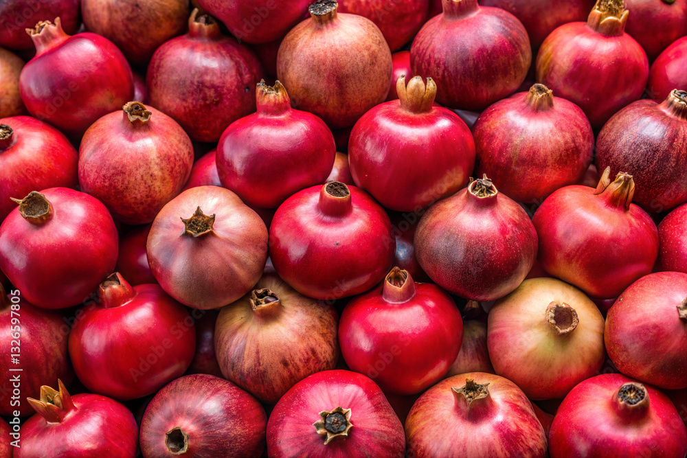 Close-up shot of many fresh pomegranates with vibrant red skins and detailed texture, perfect for food-related themes. Close-up shot of many fresh pomegranates with vibrant red skins and detailed texture, perfect for food-related themes.