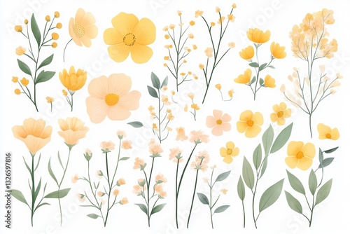 Wallpaper Mural Charming hand drawn vector illustration of pastel yellow and peach wildflowers and leaves on white Torontodigital.ca