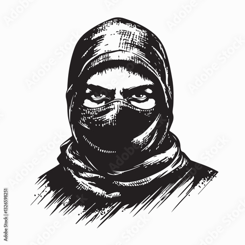 Mysterious Man in Black Balaclava Intriguing Portrait image vector isolated on white background.