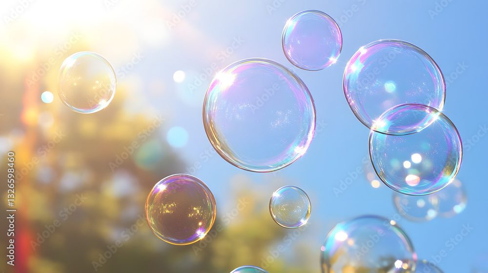 Vibrant Soap Bubbles Soaring Outdoors on Bright Summer Day Illustration Vibrant Soap Bubbles Soaring Outdoors on Bright Summer Day Illustration