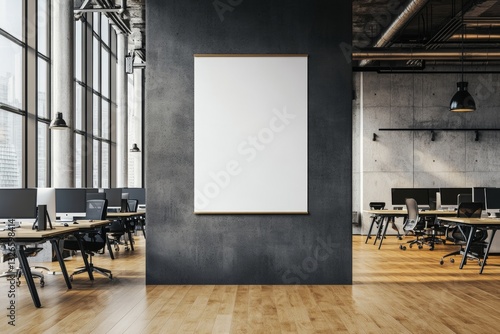 Fototapeta Naklejka Na Ścianę i Meble -  Contemporary office scene featuring blank white poster on wall amidst modern workspaces and d  cor