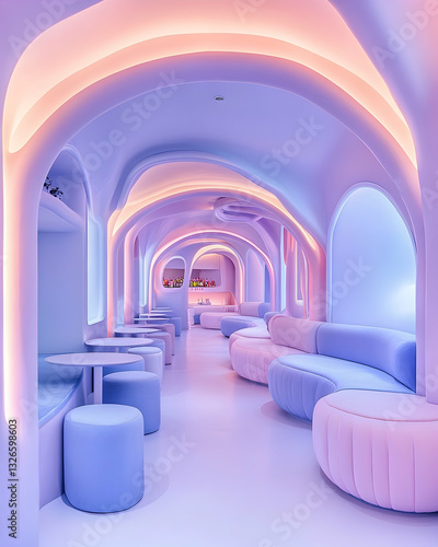 Pastel-hued, whimsical cafe with arched walls, soft seating, and ambient lighting