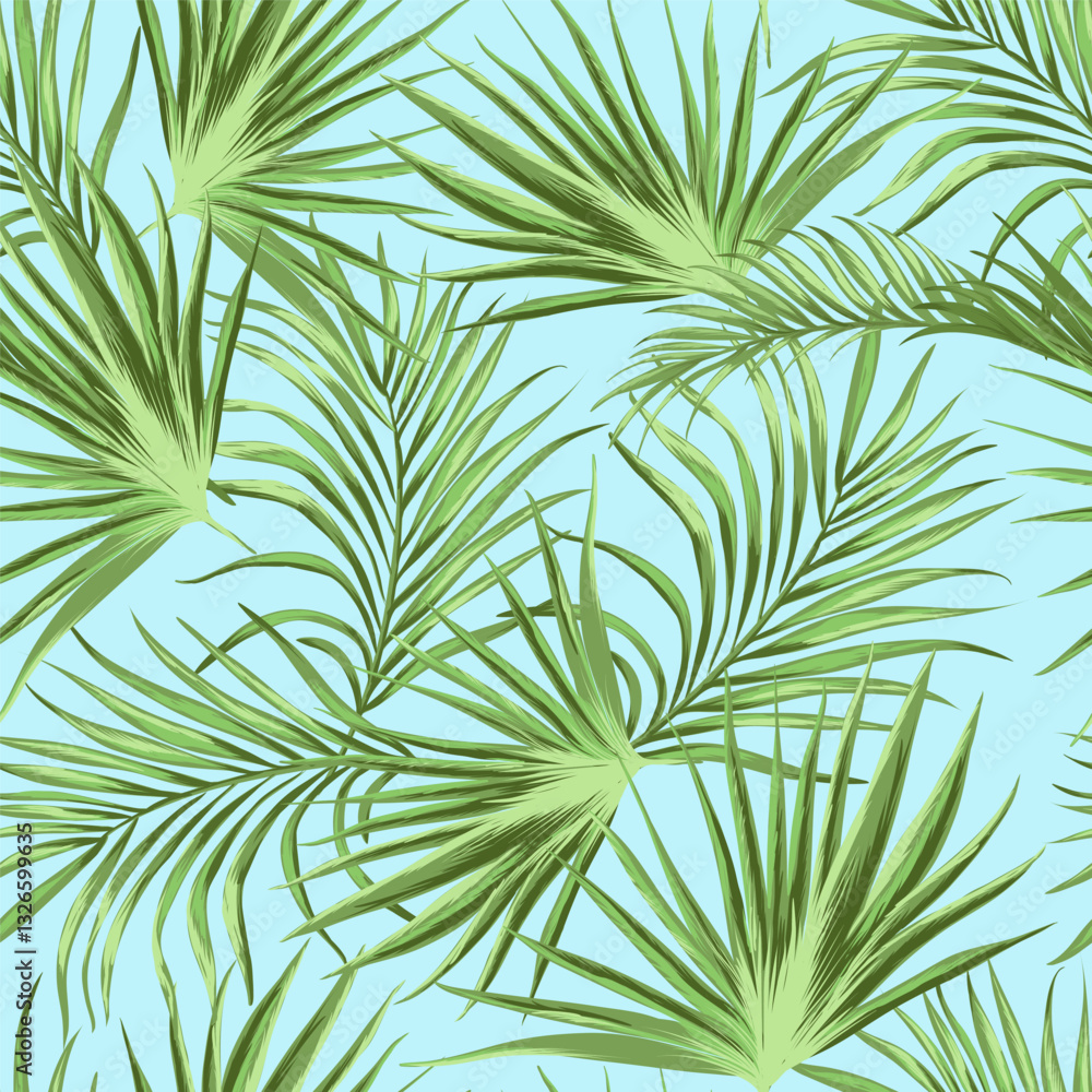 Green tropical palm leaves seamless vector pattern on the black background. Trendy summer print.
Green tropical palm leaves seamless vector pattern on the black background. Trendy summer print.