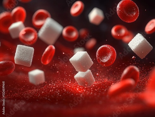 Diabetes Concept Blood Cells and Sugar Cubes in Dark Liquid Environment