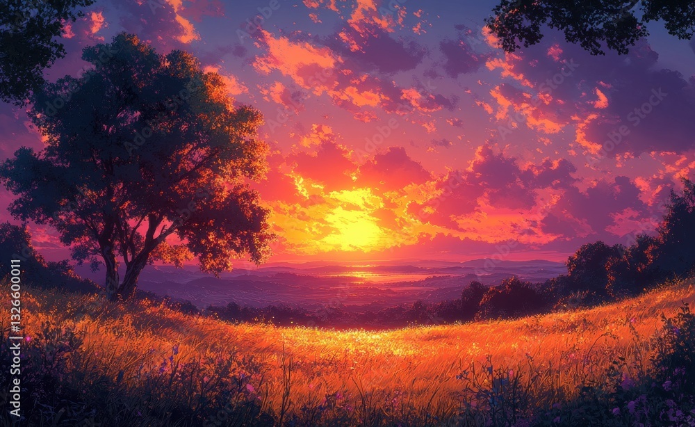 Fototapeta premium Sunset Countryside Landscape with Trees and Golden Grass in Anime Style