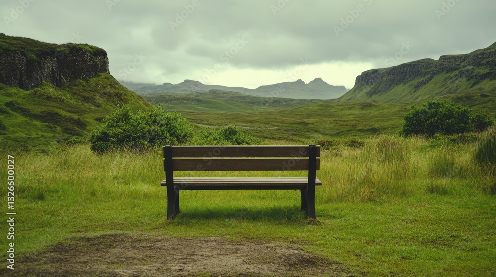 A wooden bench sits overlooking a vast green landscape beneath clouds A wooden bench sits overlooking a vast green landscape beneath clouds