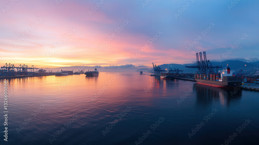 panoramic view of mega logistics port at sunset, showcasing ships and cranes reflecting on calm waters panoramic view of mega logistics port at sunset, showcasing ships and cranes reflecting on calm waters