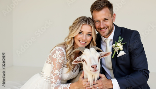 Happy bride and groom holding goat at wedding.