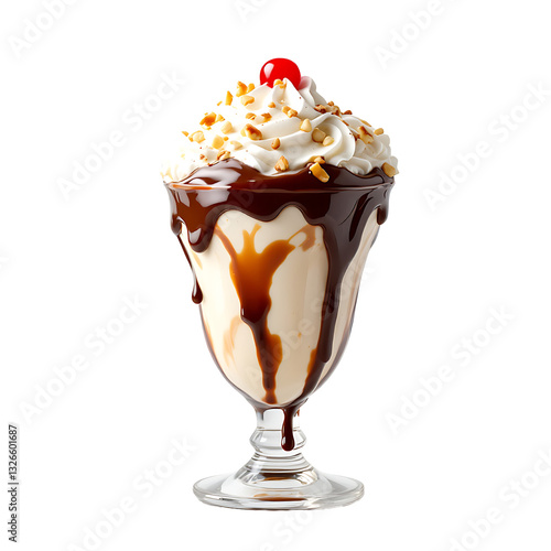 Classic hot fudge sundae with vanilla ice cream scoops, cascading chocolate sauce, whipped cream, chopped nuts, and maraschino cherry, high-resolution food photography