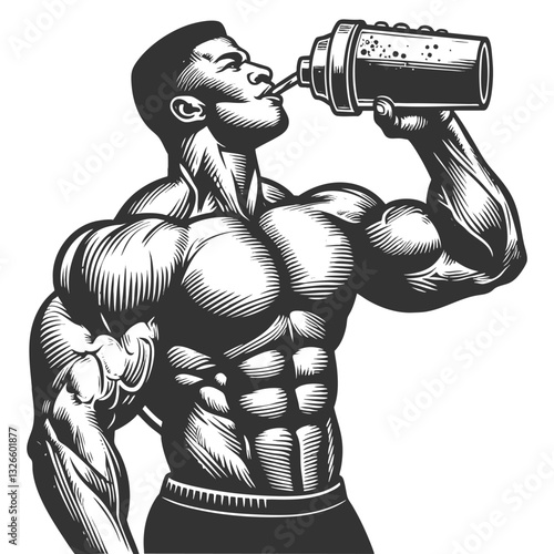 strong, muscular man drinking a protein shake, symbolizing fitness, nutrition, and bodybuilding dedication sketch engraving generative ai vector illustration. Scratch board. Black and white image.