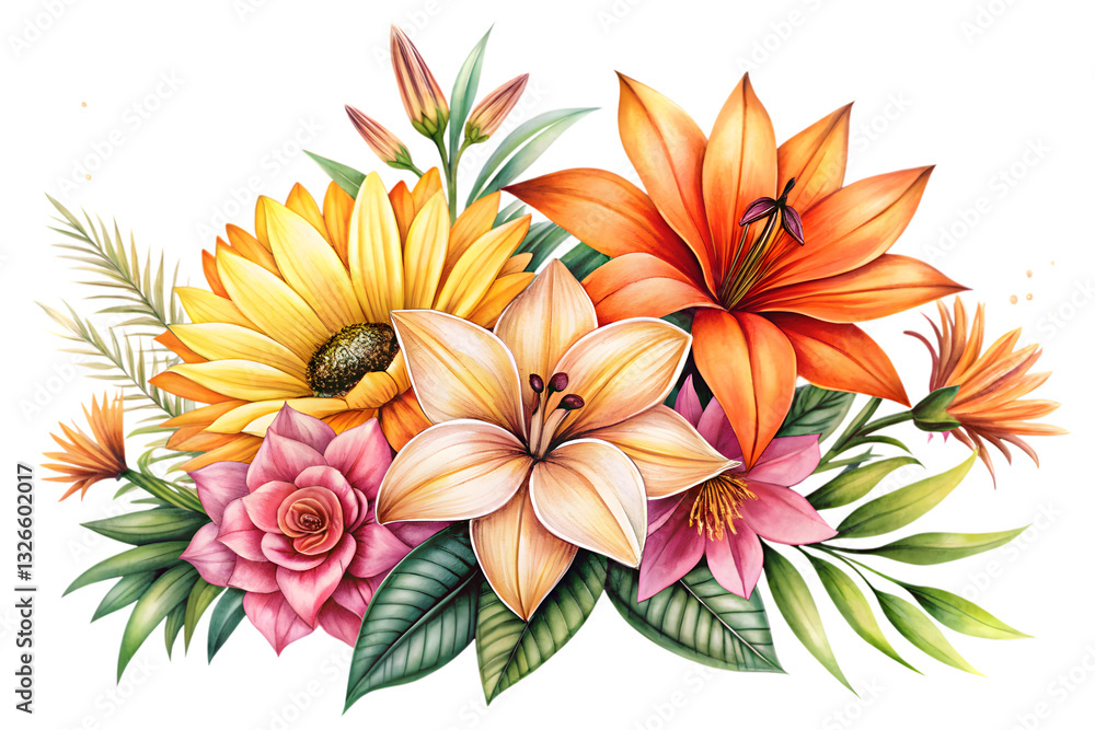 Fototapeta premium Vibrant Floral Bouquet: A stunning bouquet bursts with a medley of colorful flowers, artfully arranged to create a visual feast, radiating joy and celebrating the beauty of nature.