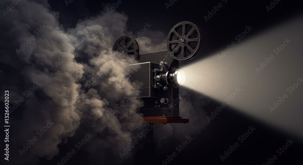 Fototapeta premium Dramatic Film Projector in Smoke - A vintage film projector emits a beam of light through swirling smoke, symbolizing nostalgia, mystery, cinematic art, storytelling, and the magic of movies
