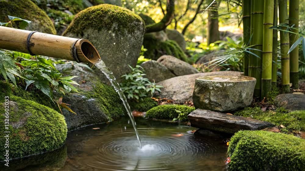 Serene Zen Garden Scene with Flowing Water and Moss-Covered Stones Serene Zen Garden Scene with Flowing Water and Moss-Covered Stones