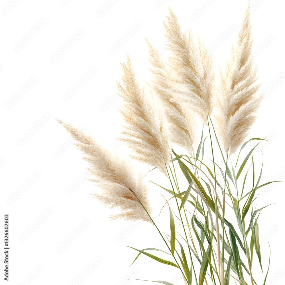 Fototapeta premium A bunch of tall grass swaying in the breeze isolated on a bright white background for natural and seasonal illustrations