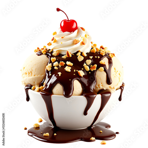 Classic hot fudge sundae with vanilla ice cream scoops, cascading chocolate sauce, whipped cream, chopped nuts, and maraschino cherry, high-resolution food photography