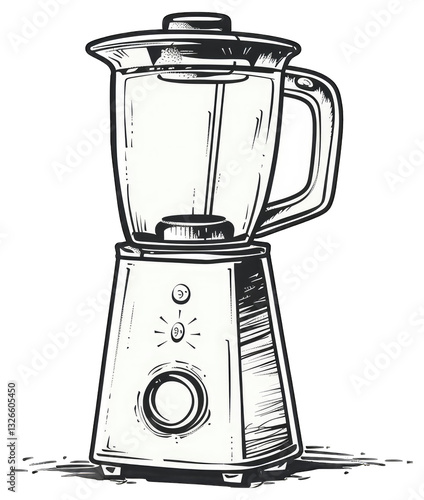 An illustration depicting a blender appliance in grayscale detail