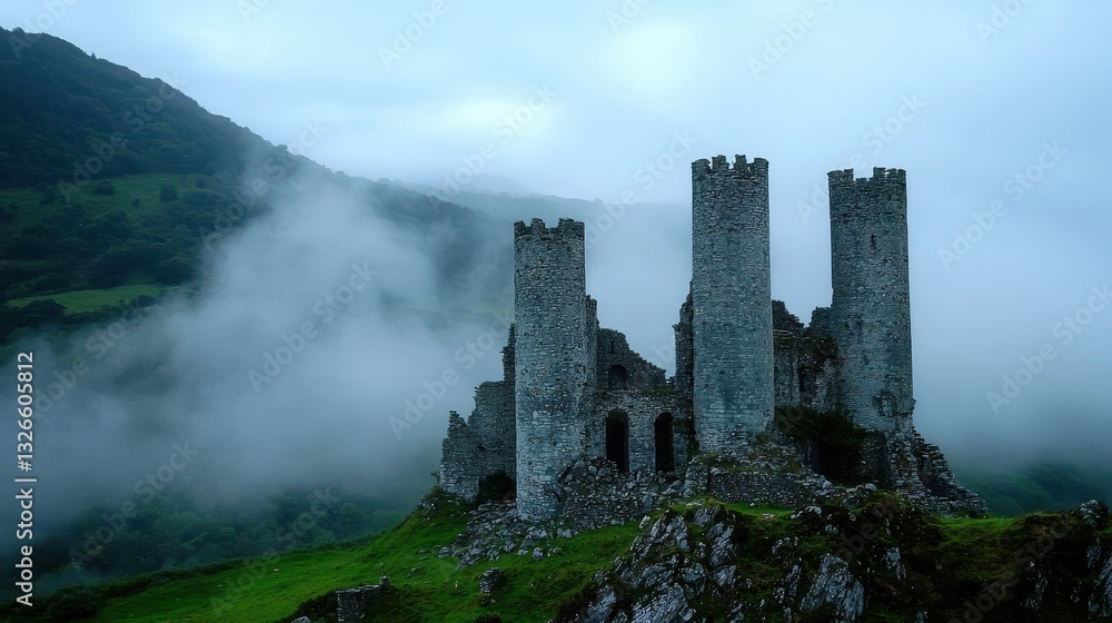 Majestic Ancient Ruins Towering Above Misty Mountain Landscape