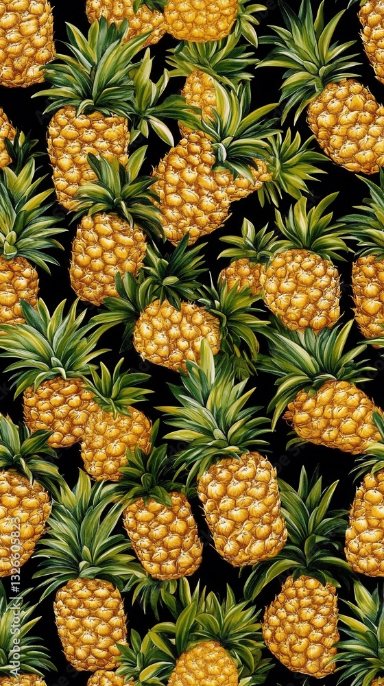 A bunch of lush pineapples arranged against a black background creating a bold visual contrast that showcases their richness A bunch of lush pineapples arranged against a black background creating a bold visual contrast that showcases their richness